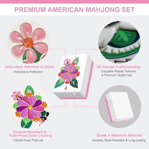 American Mahjong Tile Set - 168 Engraved Mah jongg Tiles Game Sets - Pink Complete Cute Mah Jong, Beautiful Pretty 1.2” Majong Only, 3D Carving Mahjongg with Bag and Dice Accessories (Pink) - color: Pink