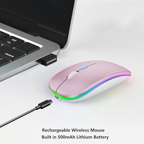 WREANU Wireless Bluetooth Mouse Rechargeable Laptop Mice with LED Lights Silent Slim Use(BT5.2 and 2.4G Portable USB Receiver) Dual Mode Computer Mouse for Laptop/iPad/Tablet/Apple/Computer/Mac(Pink) - color: Pink