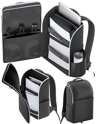 LVVIL Backpack for PS5/ Slim/ Pro Console, Full Protection PS5 Carrying Case Travel Bag, Large Capacity PS 5 Storage Bag for Dual Controllers, PS Portal, Laptop, Game Cards, Sony PSP Accessory Kits - color: Black & White
