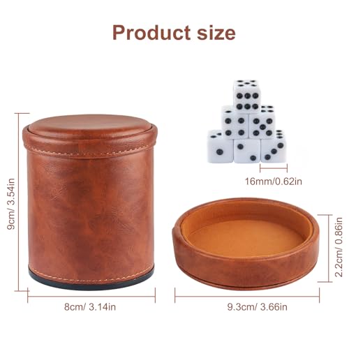 Brown PU Leather Dice Cup with Lid, Velvet Interior Quiet Dice Shaker Cup with 6 Dice for Liars Dice/Farkle/Yahtzee Games, 1 Pack - color: Brown
