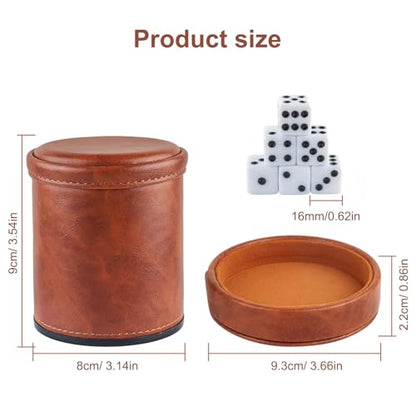 Brown PU Leather Dice Cup with Lid, Velvet Interior Quiet Dice Shaker Cup with 6 Dice for Liars Dice/Farkle/Yahtzee Games, 1 Pack - color: Brown