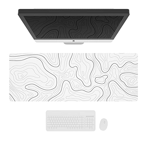 Ovenbird Large Gaming Mouse Pad with Stitched Edges, Minimalist Topographic Map Desk Mat, Extended XL Mousepad with Anti-Slip Base, Cool Desk Pad for Keyboard and Mouse, 35.4 x 15.7 in, White - color: White Topo, size: Extended X-Large