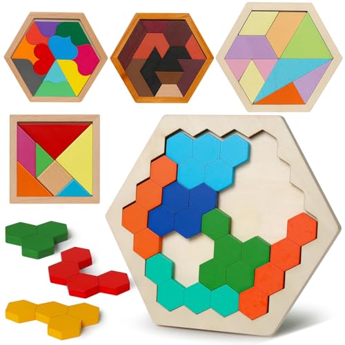 5 Pack Wooden Brain Teaser Puzzles Sets for Kids,Montessori Brain Blocks Logic Tangram Geometric Shapes Puzzle Matching Games Easter Basket Stuffers Gifts for All Ages Boys Girls - style: Puzzle set-5pcs