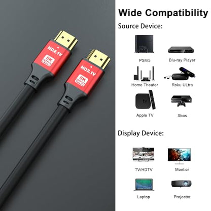 15FT HDMI 2.1 Cable 8K60Hz 4K120Hz, 48Gbps Ultra High Speed HDMI Cable with Gold Plated Connectors, Red Aluminum Housing, for PS5, Xbox Series X, 4K TV, Projector, Home Theater, Equipment Rack. - size: 15FT