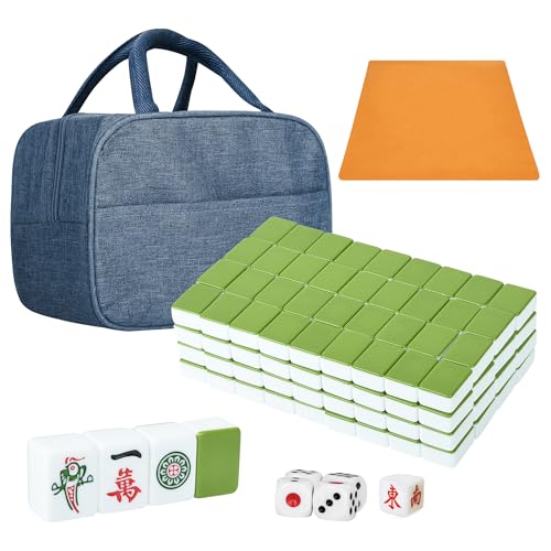 Chinese Green 1.17 Inches Compact Mahjong Set, Travel Small Size, 144 + 8 Blank Melamine Tiles, with Portable Travel Handbag Complete Mahjong Game Set - (Majiang,中国麻将) - color: Green