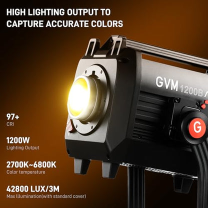 GVM 1200W LED Video Light, 1200B AIO Film Lighting Kit, 42800lux/3m Photography Lighting kit with DMX Control, Continuous Output Video Lighting for TV Productions, Live Broadcasts, 2700K-6800K - color: 1