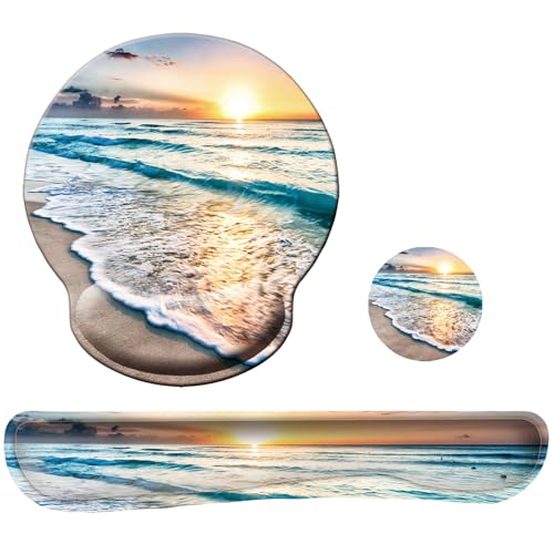 Keyboard Wrist Rest Pad Mouse Pad with Wrist Support Set of 3, Mousepad with Non-Slip Rubber Base, Ergonomic Memory Foam Mouse Wrist Cushion Support for Home Office Laptop Computer Gaming, Beach - color: Beach