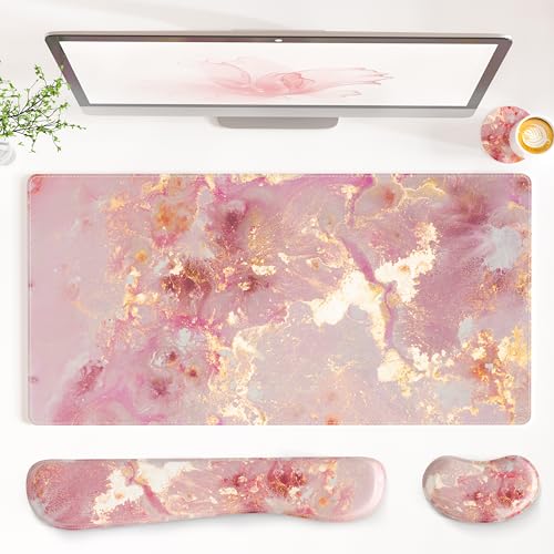 QIYI PU Leather Desk Mat Set, 4-in-1 Ergonomic Wrist Rest, Pink Marble | Waterproof Large Mouse Pad 31.5×15.7 + Keyboard Wrist Rest + Mouse Wrist Support+Coaster, Non-Slip Office Gaming Accessories - color: Pink Gold Marble