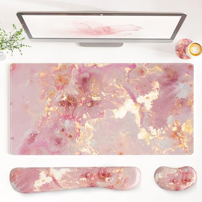 QIYI PU Leather Desk Mat Set, 4-in-1 Ergonomic Wrist Rest, Pink Marble | Waterproof Large Mouse Pad 31.5×15.7 + Keyboard Wrist Rest + Mouse Wrist Support+Coaster, Non-Slip Office Gaming Accessories - color: Pink Gold Marble
