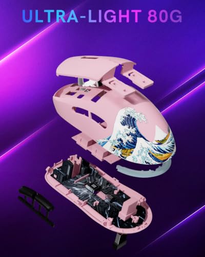 G57 Wireless Gaming Mouse, 8000 DPI, 80g, 2.4G/Bluetooth/USB-C Rechargeable Wireless Mouse with 5 Programmable Buttons for PC/Mac, Pink - color: Pink