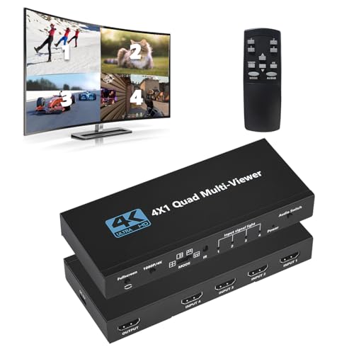 HDMI Multiviewer Switch 4x1, Quad Switcher 4 in 1 Out with IR Remote Control, Support 4K Full HD and 9 Display Modes for Security Camera, Gaming Consoles - size: HDMI Mutiviewer Switch