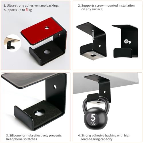 Headphone Holder Hanger,Headset Mount for Desk,Headset Stand Aluminum Headphone Hook with Strong Adhesive Tape for Classroom, Gaming Room with 2 Install Style with Rubber Pad,Single
