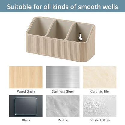 No Drill PU Leather Wall Remote Holder, 3 Compartments Storage Caddy for TV AC Remotes, Pens, Eyeglasses, Home Bedroom Bathroom Office (Stylish Beige Fine Ribbed) - color: Stylish Beige Fine Ribbed