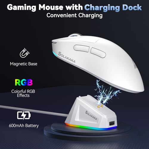 SOLAKAKA SM822 Wireless Gaming Mouse with Charging Dock, Tri-Mode Wireless Mouse, PAW3311 Optical Sensor, Up to 24,000DPI, 62g Lightweight Mouse with 5 programmable Buttons, for PC, Laptop (White) - color: White