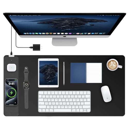 TopMade Mouse Pad with 15W Fast Wireless Charging, 31.5"x15.75" XXL Large Gaming Mousepad, Waterproof Desk Pad, Computer Desk Mat, Black(Includes 20W PD Power Adapter & 6.56ft Woven Cable) - color: Black Left With Adapter