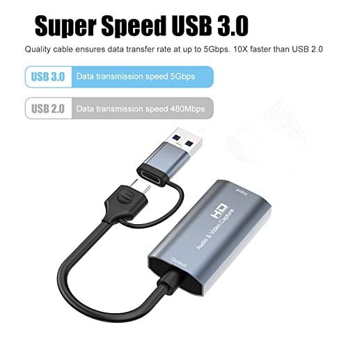 Capture Card, 2023 4K 60HZ Audio Video HDMI Capture Card，HDMI to USB 3.0 / USB C 1080P 60HZ Capture Card,Capture Card for Streaming/Nintendo Switch/PS3/PS4/YouTube/Xbox/Camera/PC/OBS