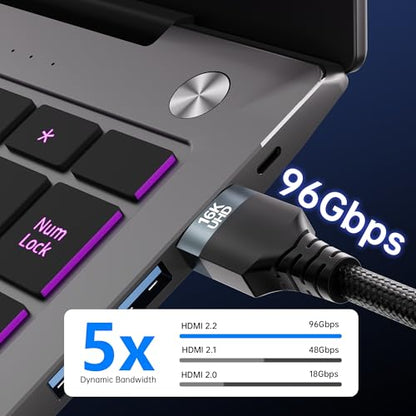 96Gbps HDMI 2.2 Cord,6FT,16K@60Hz,8K@120Hz,4K@240/480Hz,Ultra High Speed Braided Gold-Plated,Supports HDR,eARC,DTS:X,HDCP 2.2/2.1,Compatible with PS5,PS4,Xbox,Gaming PC,Monitor,Projector - size: 6.6FT