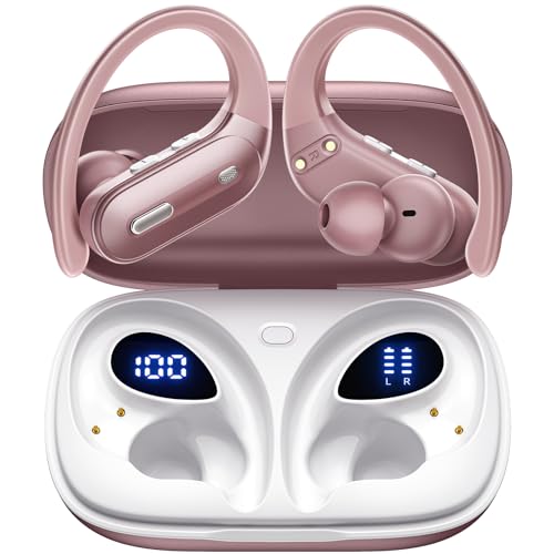 Active Noise Cancelling Ear Buds Wireless Earbuds 90Hrs Playtime Bluetooth Headphones with Hi-Res Stereo Deep Bass Power Display Earphones with Earhooks Waterproof Transparency Headset for Sports/Gym - color: Rose Pink