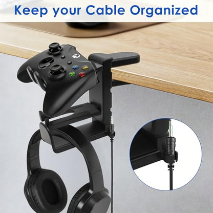 3 In 1 PC Gaming Headphone & Controller Stand Holder, Clamp On Headset Hanger with 360° Rotation Hook, Under Desk Cable Clip Organizer Earphone Storage Rack, Universal XBOX PS5 PS4 Switch Gift, Black
