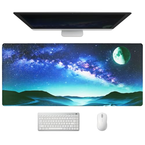 Extended Galaxy Full Moon Desk Mat, XXL Large Gaming Mouse Pad, Moon Starry Sky Stitched Edges Waterproof with Non-Slip Rubber Base for Computer Keyboard Laptop Work Home Office 35.4"x15.7" - color: Galaxy Full Moon, size: 35.4" x 15.7"