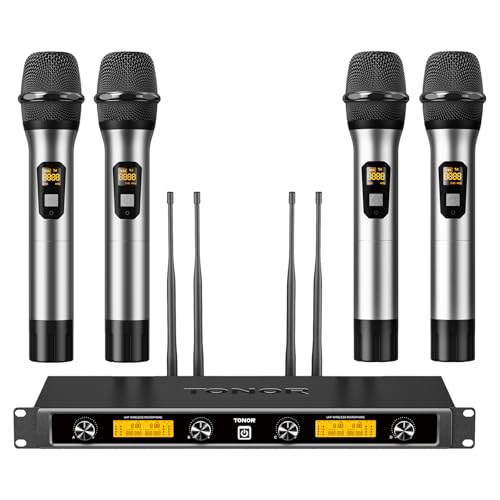 TONOR Wireless Microphones System, 4x10 Channel UHF Wireless Mic, 4 Handheld Adjustable Frequency Metal Cordless Dynamic Mic, Multiset Operation, 90 m Ideal for Karaoke Singing Wedding Church, Silver - style: 4 Mics