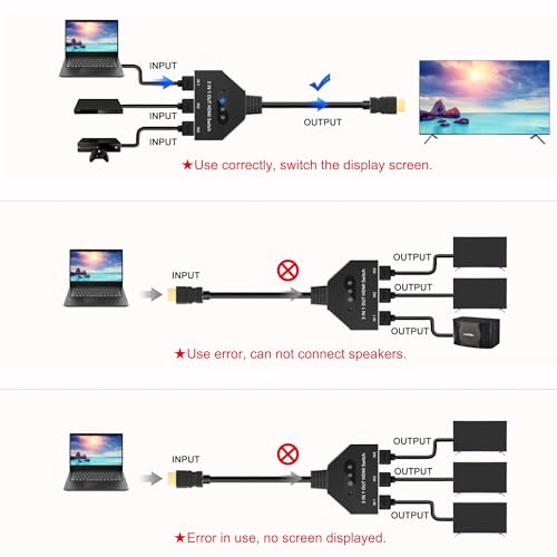 HDMI 스위치 3 in 1 출력, 4K@60hz HDMI 스플리터, 3방향 HDMI 스위치, 풀 HDCP2.2 1080P 3D 지원, Roku Fire TV 스틱 HDTV PS4/PS5 Xbox One 크롬캐스트와 호환, 맥/윈도우/리눅스와 호환
