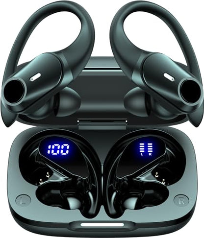 Active Noise Cancelling Ear Buds Wireless Earbuds 80H Playtime Bluetooth Headphones with LED Display Case, Hi-Res Audio Clear Calls Earphones with Over Ear Hooks for Running Gym Workout Travel Black - color: Black