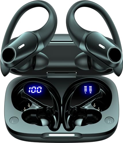 Active Noise Cancelling Ear Buds Wireless Earbuds 80H Playtime Bluetooth Headphones with LED Display Case, Hi-Res Audio Clear Calls Earphones with Over Ear Hooks for Running Gym Workout Travel Black - color: Black