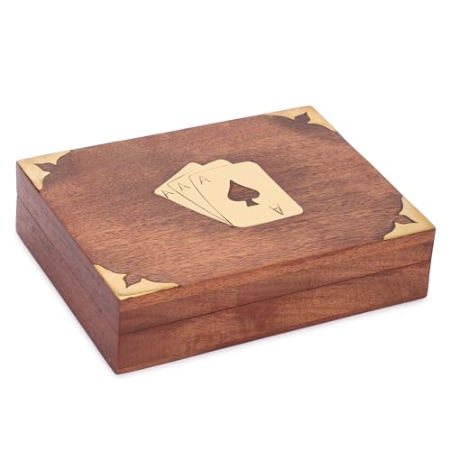 Ajuny Handcrafted Wooden Double Deck Playing Card Box Holder Decorative Storage Case Organizer With 2 Set of 'Ace' Playing Cards Brass Inlay Anniversary Housewarming Gifts For Him Her