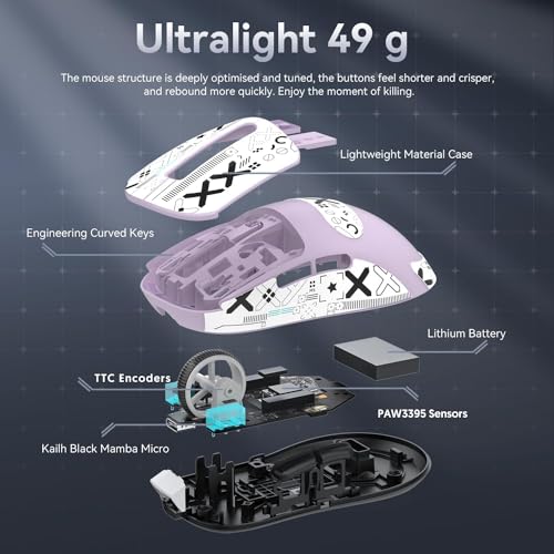 ATTACK SHARK X3 Wireless Gaming Mouse, 49g Bluetooth/2.4G/USB-C Ergonomic Computer Mouse, PAW3395 26K DPI Sensor, 200h Battery Life, Programmable Buttons, Gaming Accessories for PC/Laptop/Mac - color: Lavender & Griptape