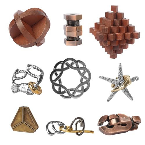 9pcs Retro Wooden and Metal Puzzles Bulk Gift for Kids, Teens, and Adults Unlock Interlock Brain Teasers Toys Game. - style: Style D