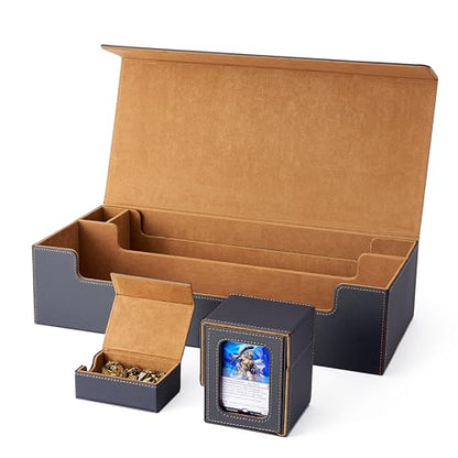 MTG Deck Box Holds 5 Display Card Deck Boxes with Playmat and Dice Box,Includes 10 colorful dividers and 1 card supporter, Trading Card Storage Box For Magic Game Cards(Black and Brown) | Holds 5 Deck Boxes (not included)/650 Single/520 Double-Sleeved Car