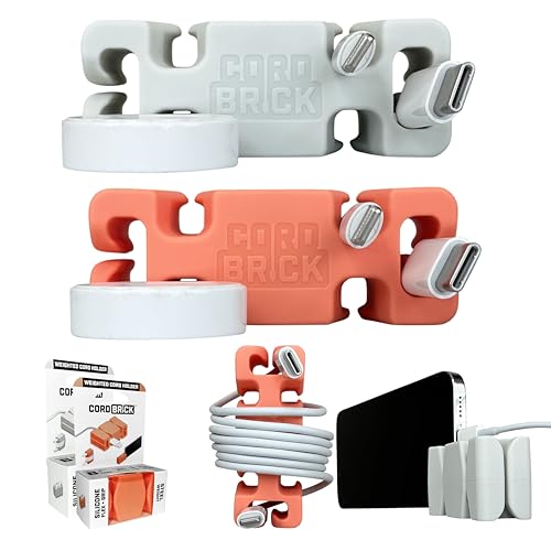 2PK Silicone + Steel Weighted Cord Holders for Nighstand, Cable Wraps for Travel, iPhone Accessories, Small Graduation Gifts for College Students, Guys, Men. Light/Coral - color: (H) Coral, size: Light Gray and