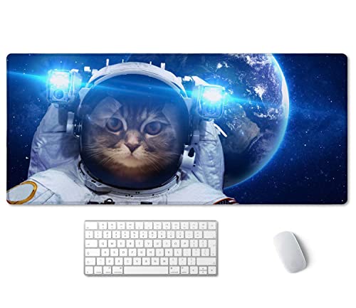 SSOIU Large Mouse Pad, Full Desk XXL Extended Gaming Mouse Pad 35.5" X 15.7", Waterproof Desk Mat Stitched Edges, Non-Slip Laptop Computer Keyboard Mousepad for Office and Home - Galaxy Astronaut Cat - color: Galaxy Astronaut Cat