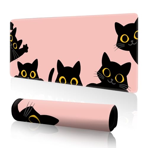 Pink Cute Cat Mouse Pad for Desk,Kawaii Mouse Pad 31.5 X 11.8 in Mouse Mat Desk Pad,Extended Keyboard Pad Large Desk Mat Pink Mousepad with Non-Slip Base and Stitched Edge for Gaming Home Office - color: Pink Cute Cat