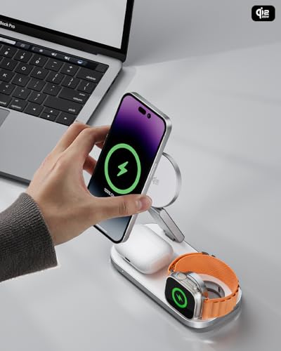 3-in-1 Charging Station for Apple Device, Qi2 25W Certified Magnetic Wireless Foldable Fast Charger Stand Compatible with MagSafe for iPhone 17e/17/16/15/14/13/12/Air Series, Apple Watch & AirPods - color: White+Silver