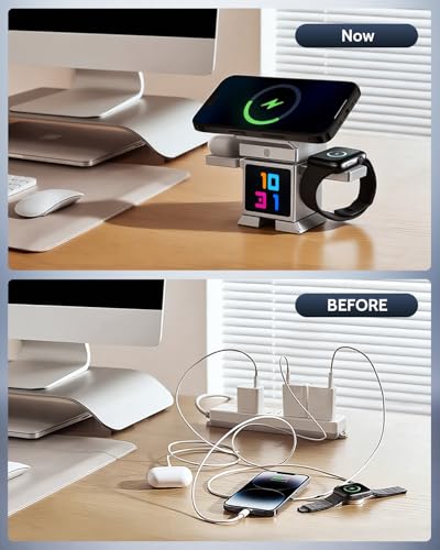 ModiTech 7 in 1 Wireless Charging Station for Apple-25W Qi2.2 Certified | Magnetic Magsafe Charger Stand for iPhone 17/16/15/14/13/12-Apple Watch-Airpods Series, Silver with Adapter - color: Silver