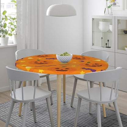 Famame Halloween Pumpkin Cute Candy Round Fitted Tablecloth with Elastic Protector Table Kitchen Dinner Waterproof Oil-Proof Table Covers Fits 40"-44", Small - color: Halloween Pumpkin Candy, size: Small (40"-44")
