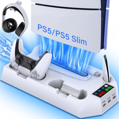 PS5 Slim Stand and Cooling Station with Controller Charging Station for Playsation 5 Slim&Standard Disc/Digital Console, PS5 Accessories Incl. Controller Charger/Turbo Fan/3 USB Hub/Headset Holder - color: WORK WITH PS5 Slim and PS5