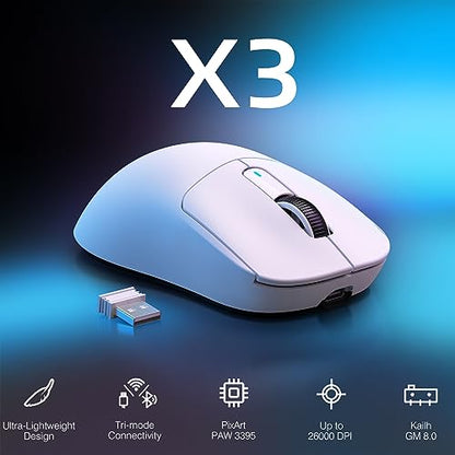 ATTACK SHARK X3 Wireless Gaming Mouse, 49g Ergonomic Computer Mouse, Triple Modes PAW3395 26K DPI Optical Sensor, 200h Battery Life, Programmable Buttons, Gaming Accessories for PC/Laptop/Mac (White) - color: White