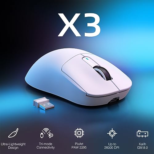 ATTACK SHARK X3 Wireless Gaming Mouse, 49g Ergonomic Computer Mouse, Triple Modes PAW3395 26K DPI Optical Sensor, 200h Battery Life, Programmable Buttons, Gaming Accessories for PC/Laptop/Mac (White) - color: White