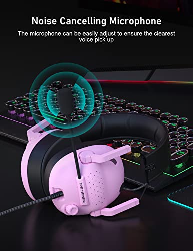 SENZER SG500 Surround Sound Pro Gaming Headset with Noise Cancelling Microphone - Soft Memory Foam Padding - Portable Foldable Headphones for PC, PS4, PS5, Xbox One, Switch - Pink - color: Pink
