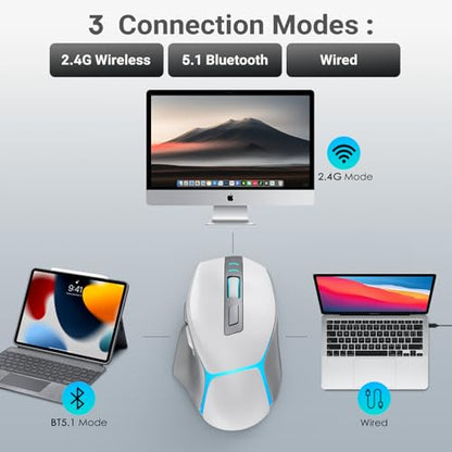 GAMCATZ Bluetooth Wireless Gaming Mouse for Mac & iPad, White 12500 DPI RGB Mouse with Tri-Mode (2.4G/USB-C/Wired), Rechargeable Ergonomic Computer Mice for Laptop, PC & Apple Devices - color: White