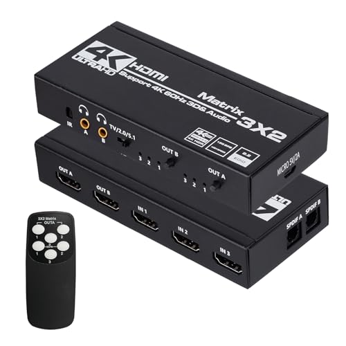 HDMI Matrix 3x2, 4K HDMI Matrix Switch 3 in 2 Out Switcher Splitter Box with EDID Extractor and IR Remote Control, Support Ultra 4K HDR, 4Kx2K@60Hz, 3D/1080P，HDMI 2.0b, HDCP 2.2
