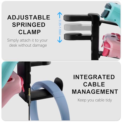 3-in-1 PC Gaming Headphone & Controller Holder for Desk - Headphone Hanger with Adjustable Clamp & Rotating Arm, Under Desk Controller & Switch Stand - Black