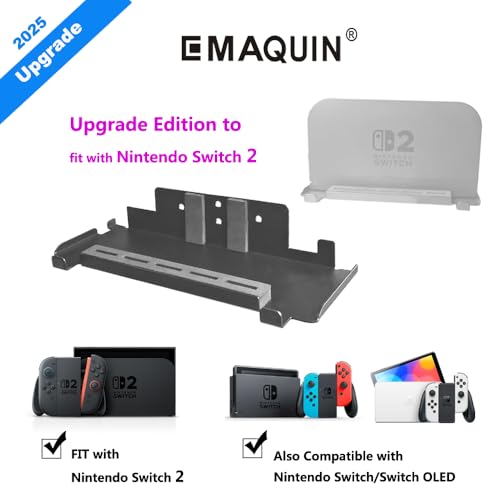 Wall Mount Bracket for Nintendo Switch 2/Switch OLED(Drill Free,Heavy Duty Sticker Installation,Sturdy Metal,5 Game Cards Holder,2 Joy-con Hanger,Easy Install Behind TV,Black)