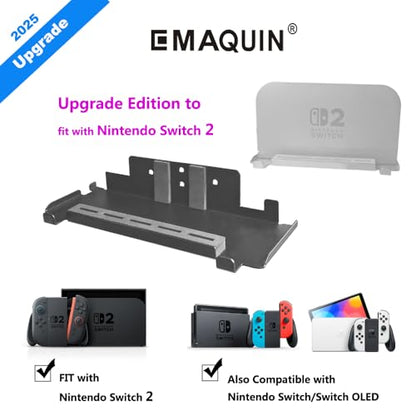 Wall Mount Bracket for Nintendo Switch 2/Switch OLED(Drill Free,Heavy Duty Sticker Installation,Sturdy Metal,5 Game Cards Holder,2 Joy-con Hanger,Easy Install Behind TV,Black)