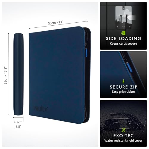 Vault X 12 Pocket Zip Trading Card Binder 480 Cards Exo-Tec (Blue) | Holds 480 standard-size TCG cards in 20 side-loading 12-pocket pages. Padded, water-resistant Exo-Tec cover. - color: Blue, size: 12 Pocket