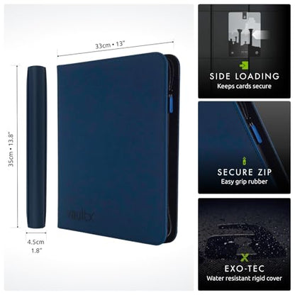 Vault X 12 Pocket Zip Trading Card Binder 480 Cards Exo-Tec (Blue) | Holds 480 standard-size TCG cards in 20 side-loading 12-pocket pages. Padded, water-resistant Exo-Tec cover. - color: Blue, size: 12 Pocket