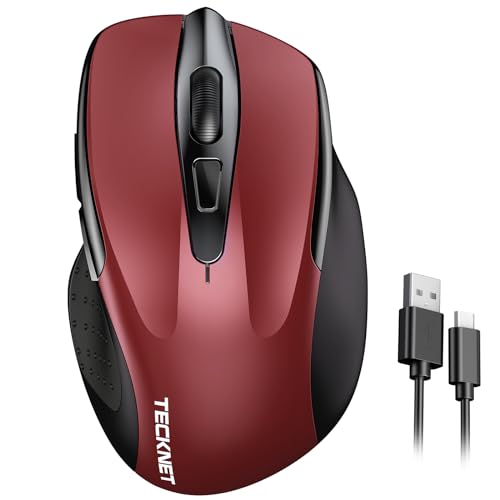 TECKNET Wireless Mouse Rechargeable, 2.4G Computer Mice with USB-A Receiver | 2.4G Connection, 800mAh Battery, 3X Faster Charging, Silent Click, 6-Level 4800 DPI, Ergonomic Design for All-day Comfort - color: Red